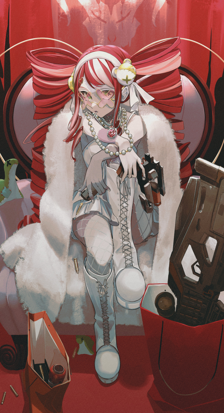 absurdres apex_legends b3_wingman boots candy cartridge charge_rifle coat coat_on_shoulders colored_skin drill_hair female fishnet_pantyhose fishnets food food_in_mouth fur_coat grey_skin gun hair_ornament heart heart_hair_ornament highres holding holding_gun holding_weapon hololive hololive_indonesia jewelry knee_boots knees_up kureiji_ollie kureiji_ollie_(mafia_princess) lollipop long_hair necklace nessie_(respawn) pantyhose patchwork_skin pearl_necklace red_hair solo stitched_arm stitched_face stitched_leg stitches t-one thermite_grenade twin_drills twintails udin_(kureiji_ollie) very_long_hair virtual_youtuber weapon white_footwear white_hair x-shaped_eyewear