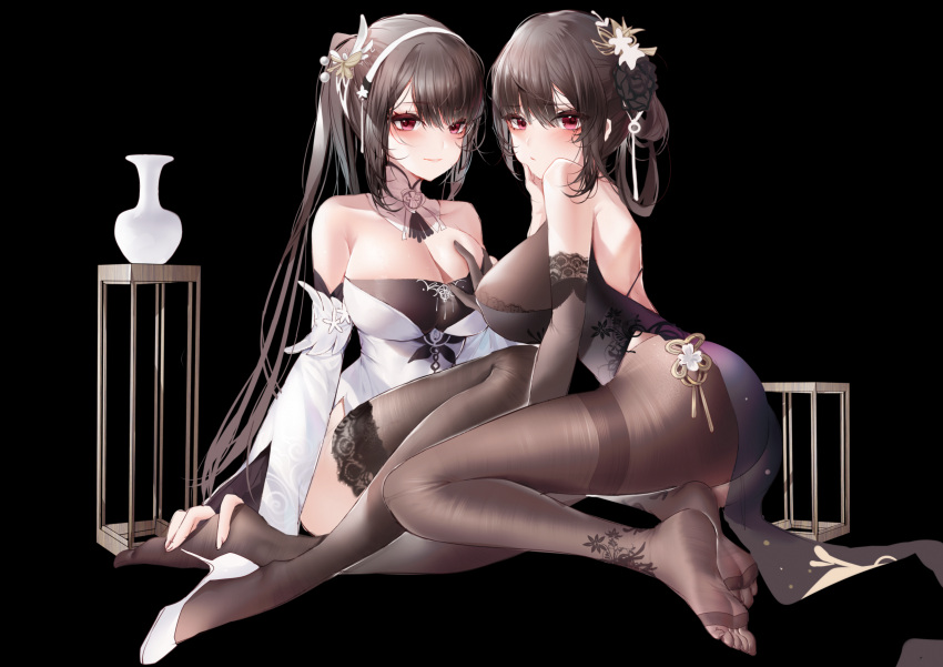 2girls absurdres ass azur_lane bare_shoulders black_background black_dress black_gloves black_hair black_legwear blush bodystocking bottle braid breasts chen_hai_(azur_lane) chen_hai_(vestibule_of_wonders)_(azur_lane) china_dress chinese_clothes cleavage closed_mouth collarbone detached_collar detached_sleeves dress dual_persona elbow_gloves flower gloves grabbing grabbing_another's_breast hair_between_eyes hair_flower hair_ornament hairband half-closed_eyes hand_on_another's_face high_heels highres lace-trimmed_gloves lace-trimmed_legwear lace_trim large_breasts long_hair long_sleeves looking_at_viewer multiple_girls no_shoes official_alternate_costume pantyhose pelvic_curtain ponytail red_eyes side_slit sidelocks simple_background smile soles thighband_pantyhose thighhighs toes very_long_hair white_dress white_flower white_footwear xiongshouji