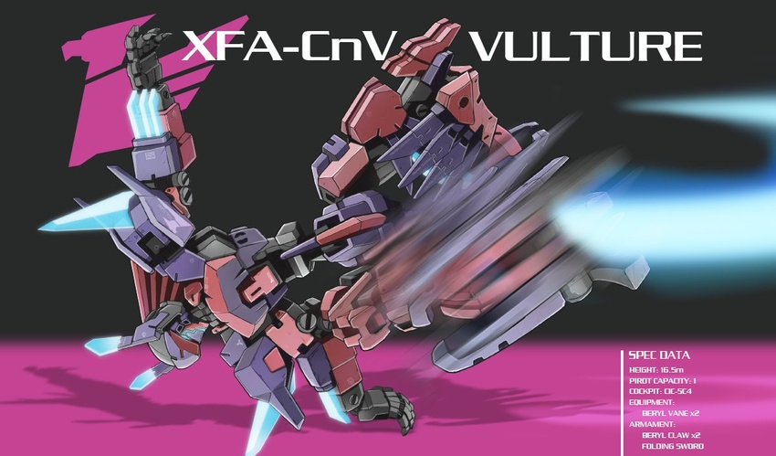 blue_eyes breakdance character_name frame_arms glowing glowing_eyes looking_down mecha motion_blur no_humans open_hand photo-referenced robot science_fiction solo suzu_(garage516) vulture_(frame_arms)