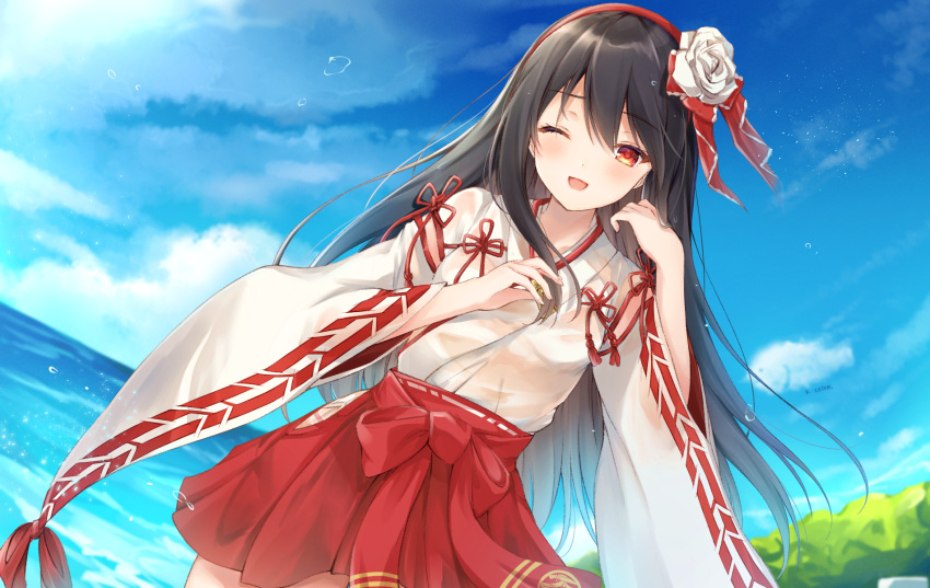 ;d black_hair blue_sky blurry blurry_background bow cloud cloudy_sky commentary_request commission day depth_of_field female flower hair_between_eyes hairband hakama hakama_short_skirt hakama_skirt hand_up highres horizon japanese_clothes kimono kiri_celea long_hair long_sleeves looking_at_viewer nontraditional_miko ocean one_eye_closed open_mouth original outdoors pixiv_commission red_bow red_eyes red_hairband red_hakama rose see-through skirt sky smile solo very_long_hair water wet_kimono white_flower white_kimono white_rose wide_sleeves