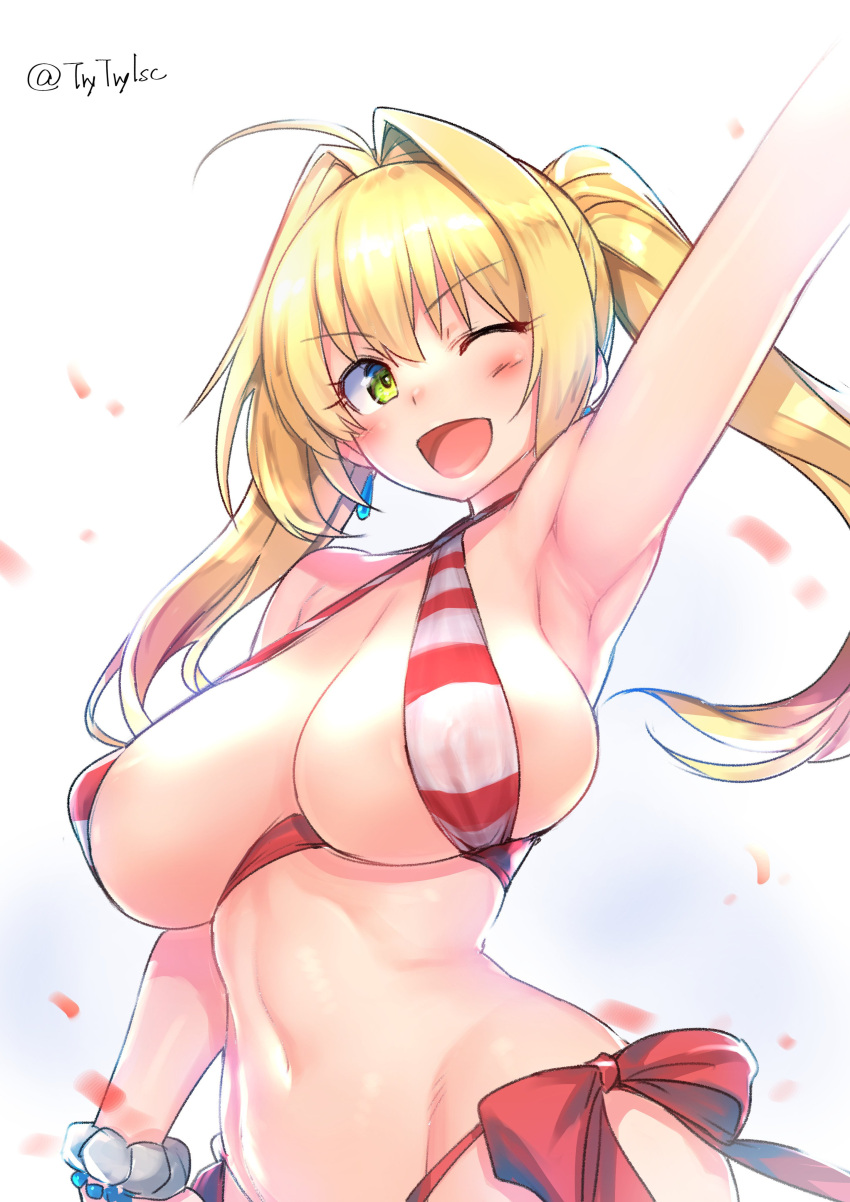 absurdres arm_up armpits bare_shoulders bikini blonde_hair blush bracelet breasts commentary criss-cross_halter earrings fate/grand_order fate_(series) female gradient_background green_eyes hair_intakes halterneck highres huge_breasts jewelry long_hair nero_claudius_(fate) nero_claudius_(swimsuit_caster)_(fate) one_eye_closed pink_background scrunchie smile solo striped_bikini striped_clothes swimsuit try_(lsc) twintails twitter_username white_background white_scrunchie