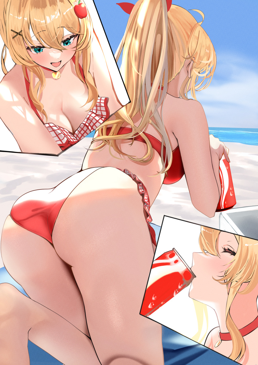 absurdres aqua_eyes ass beach beach_towel bikini blonde_hair blue_sky breasts choker cleavage cloud coca-cola commentary_request day drinking female frilled_bikini frills hair_between_eyes hair_ornament highres horizon kneeling long_hair medium_breasts multiple_views ocean open_mouth oreazu original outdoors ponytail red_bikini sidelocks sky smile swimsuit thighs towel x_hair_ornament