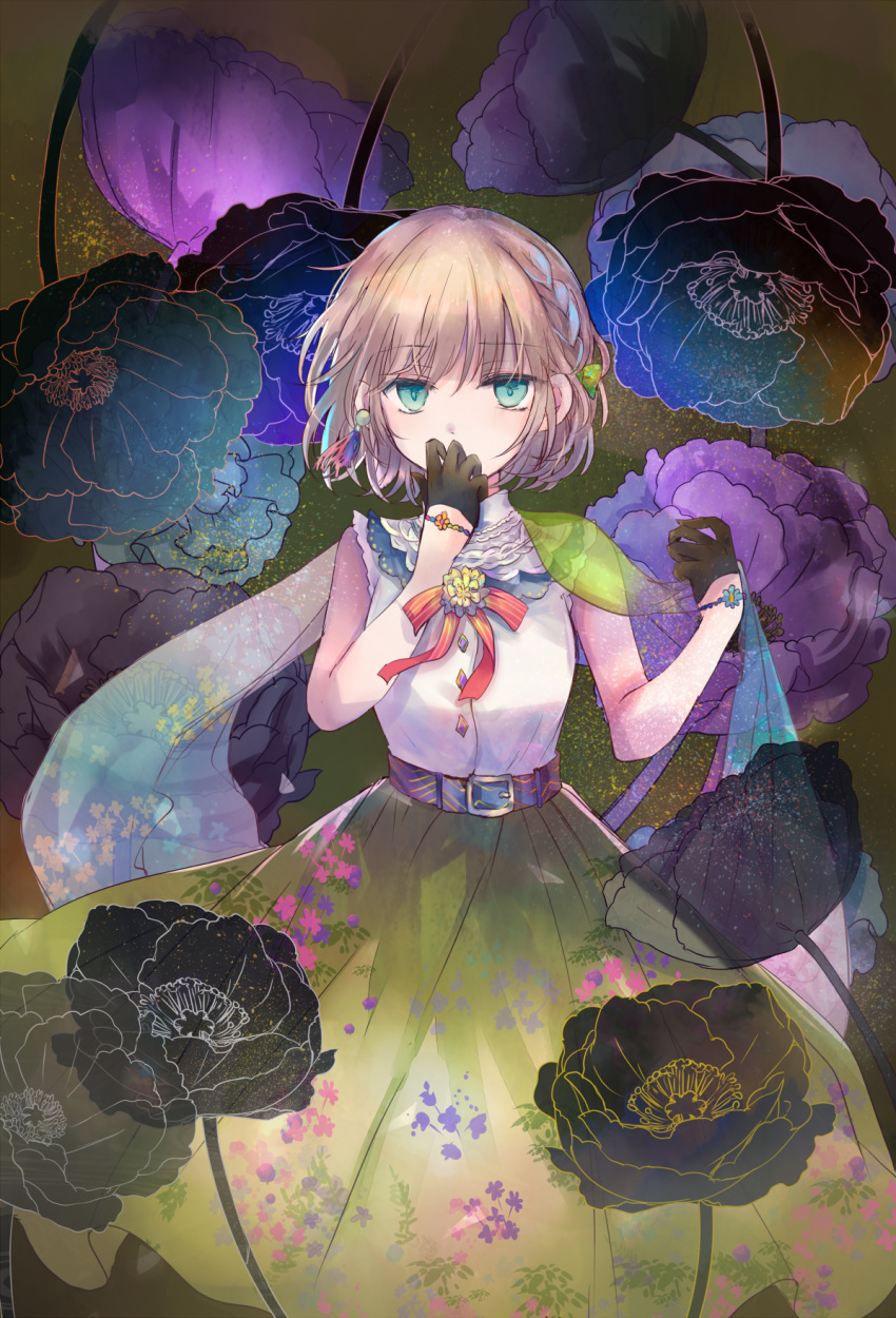 black_flower black_gloves blue_eyes blue_flower bow braid brown_hair commentary covered_mouth english_commentary female floral_background floral_print flower gloves green_bow green_skirt hair_between_eyes hair_ornament hairbow half_gloves hand_up hands_up highres kazu_(muchuukai) looking_at_viewer original pleated_skirt poppy_(flower) print_skirt purple_flower red_bow see-through shirt side_braid single_braid skirt sleeveless sleeveless_shirt solo striped striped_bow white_shirt