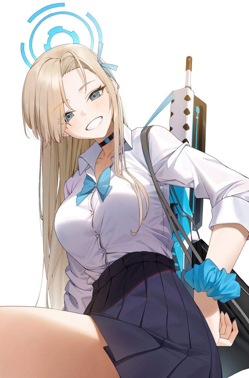 absurdres asuna_(blue_archive) black_collar blonde_hair blue_archive blue_eyes blue_halo blue_ribbon blue_scrunchie blue_sky breasts collar commentary_request earrings female glow_(user_hnpv7785) grin gun halo highres jewelry korean_commentary large_breasts long_hair long_sleeves looking_at_viewer looking_down machine_gun pleated_skirt ribbon school_uniform scrunchie shirt shirt_tucked_in simple_background skirt sky smile solo weapon white_background white_shirt wrist_scrunchie