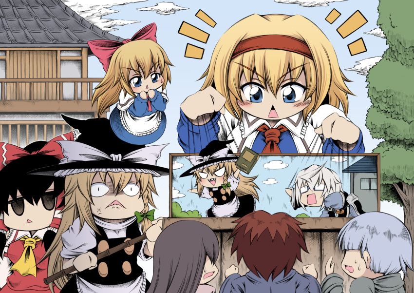 3boys 4girls ahoge alice_margatroid angry black_hair blonde_hair blue_eyes book commentary hakurei_reimu hat hidefu_kitayan highres kirisame_marisa long_hair morichika_rinnosuke multiple_boys multiple_girls open_mouth outdoors puppet puppet_show puppet_strings ribbon shanghai_doll short_hair touhou triangle_mouth