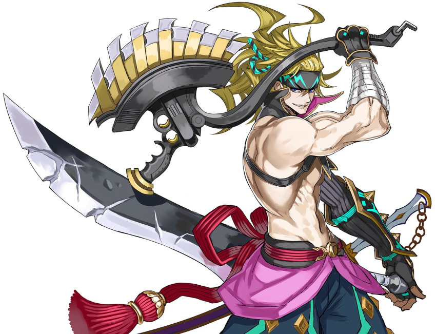 1boy asymmetrical_gloves axe back baggy_pants bandaged_arm bandages bare_pectorals biceps black_gloves blonde_hair blue_eyes fate/grand_order fate_(series) fingerless_gloves gloves grin headband holding holding_axe holding_weapon honjou_raita katana long_hair looking_at_viewer muscular official_alternate_costume over_shoulder pants pectorals sakata_kintoki_(fate) sakata_kintoki_(heian_warrior_attire)_(fate) sash scratches smile solo sword uneven_gloves weapon weapon_over_shoulder