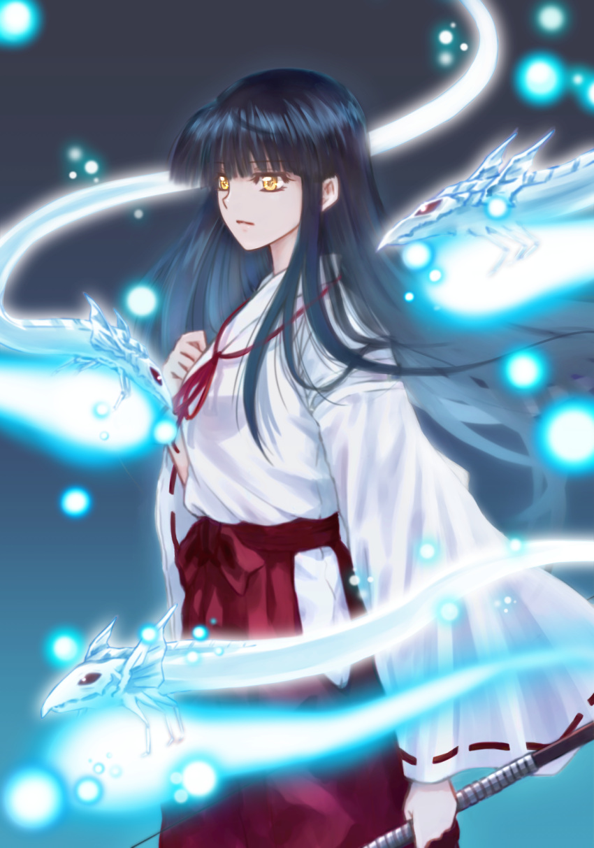 black_hair blunt_bangs bow_(weapon) brown_eyes closed_mouth commentary_request female hakama hakama_skirt highres hitodama holding holding_bow_(weapon) holding_weapon inuyasha japanese_clothes kikyou_(inuyasha) kimono leoheart long_hair long_sleeves looking_to_the_side miko red_hakama ribbon-trimmed_sleeves ribbon_trim shinidamachuu skirt smile solo standing straight_hair traditional_youkai weapon white_kimono wide_sleeves