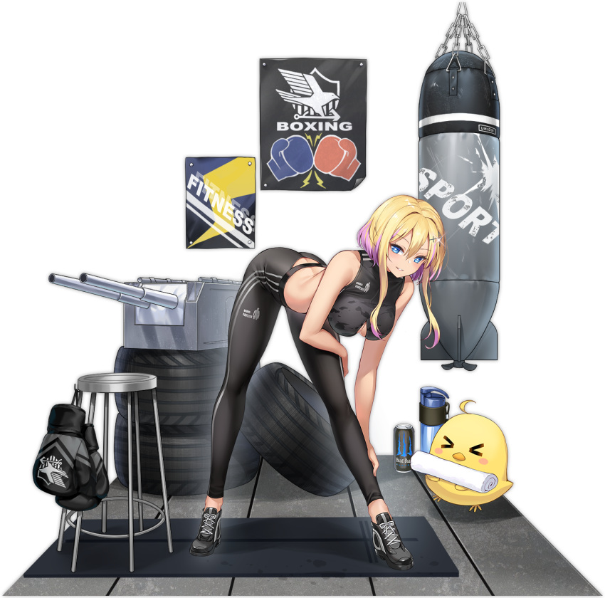 +_+ azur_lane bare_arms bare_shoulders bent_over bird black_shirt blonde_hair blue_eyes boxing_gloves brand_name_imitation breasts can chick cleavage cleavage_cutout clothing_cutout crop_top eagle_union_(emblem) female gachimuchi gyaru hair_ornament hairclip highres large_breasts leggings long_hair looking_at_viewer manjuu_(azur_lane) marblehead_(azur_lane) marblehead_(boxing_girl!)_(azur_lane) midriff monster_energy multicolored_hair official_alternate_costume official_art pants parted_lips punching_bag shirt shoes short_hair_with_long_locks silveroid sleeveless sleeveless_shirt smile sneakers solo sports_bra standing stool symbol-shaped_pupils tire towel track_pants transparent_background turret two-tone_hair van_darkholme