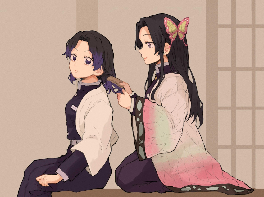 2girls animal_print black_pants black_shirt brushing_another's_hair butterfly_hair_ornament butterfly_print buttons comb combing commentary dango_(uni_520) gradient_hair gradient_jacket hair_intakes hair_ornament haori holding holding_comb indoors jacket japanese_clothes kimetsu_no_yaiba kochou_kanae kochou_shinobu lavender_eyes long_hair long_sleeves looking_at_another looking_at_viewer multicolored_hair multiple_girls pants purple_eyes seiza shirt short_hair siblings sidelocks sisters sitting uniform white_jacket wooden_floor younger