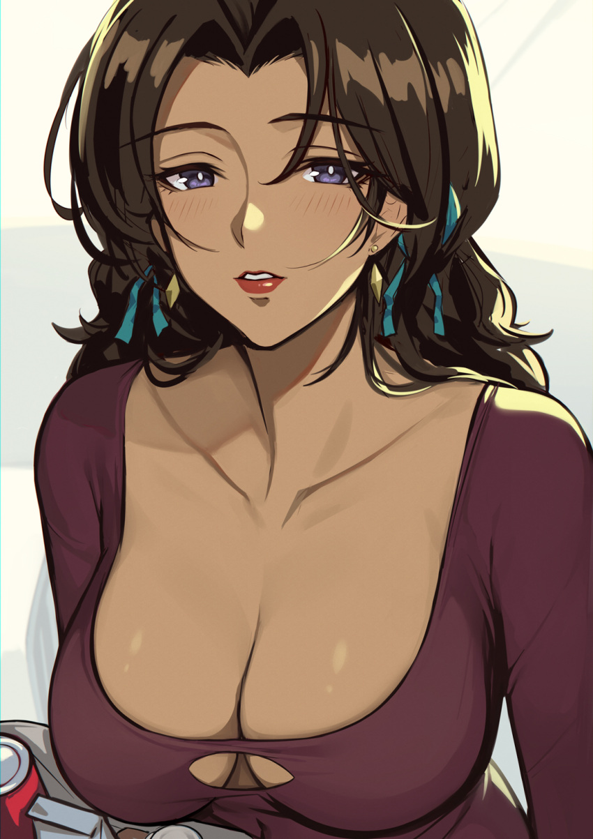 bag blush breasts brown_hair can cleavage cleavage_cutout clothing_cutout collarbone cowboy_bebop dark-skinned_female dark_skin earrings evan_yang female grey_eyes highres jewelry katerina_solensan large_breasts long_hair low_neckline parted_lips scoop_neck shopping_bag