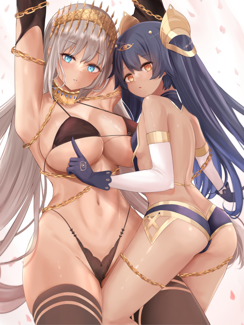 2girls abs armlet armpits ass back backless_outfit bare_shoulders bikini black_bikini black_gloves black_hair black_thighhighs blue_eyes blush breasts chains cleavage commentary crown cuffs dark-skinned_female dark_skin earrings egyptian_clothes elbow_gloves fate/grand_order fate_(series) gloves gold_trim grey_hair hair_ornament height_difference highleg highleg_bikini highres jewelry large_breasts layered_gloves long_hair looking_at_viewer md5_mismatch multiple_girls navel neck_ring neneru nephtim_(world_flipper) open_mouth orange_eyes small_breasts swimsuit thighhighs thighs white_gloves world_flipper yuri zenobia_(fate)