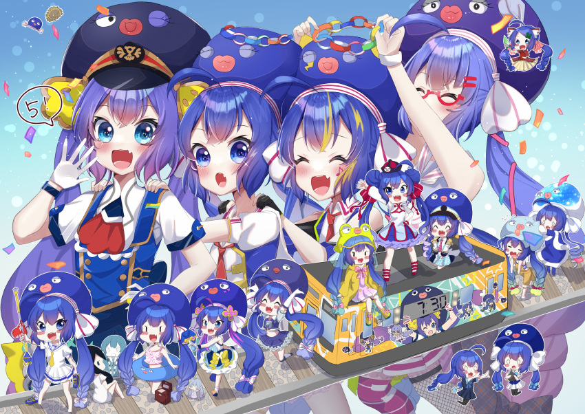 6+girls ^_^ absurdres ahoge animal_hood anniversary aqua_eyes asteroid_stella asymmetrical_legwear band_uniform black_gloves blue_eyes blue_hair blue_headwear blue_shirt blush_stickers braid character_print clock closed_eyes collared_shirt commentary conductor_baton confetti conga_line digital_clock double_bun eel_hat elbow_gloves fishnet_legwear fishnets flower frog_hood gloves gradient_hair hair_bun hair_flower hair_ornament hand_on_own_hip hands_on_another's_shoulders highres hood large_hat long_hair looking_at_viewer mini_person minigirl mismatched_legwear mittens multicolored_hair multiple_girls multiple_persona oerba_yun_fang official_alternate_costume open_mouth otomachi_una otomachi_una_(spicy) otomachi_una_(sugar) otomachi_una_(talkex) outstretched_arms paper_chain piano_print purple_hair purple_headwear purple_legwear raincoat sailor_collar school_uniform segment_display shirt short_sleeves skin_fang sleeveless sleeveless_shirt smile solid_oval_eyes song_request speech_bubble spoken_number talkex train twin_braids uniform very_long_hair vocaloid voiceroid white_gloves white_mittens