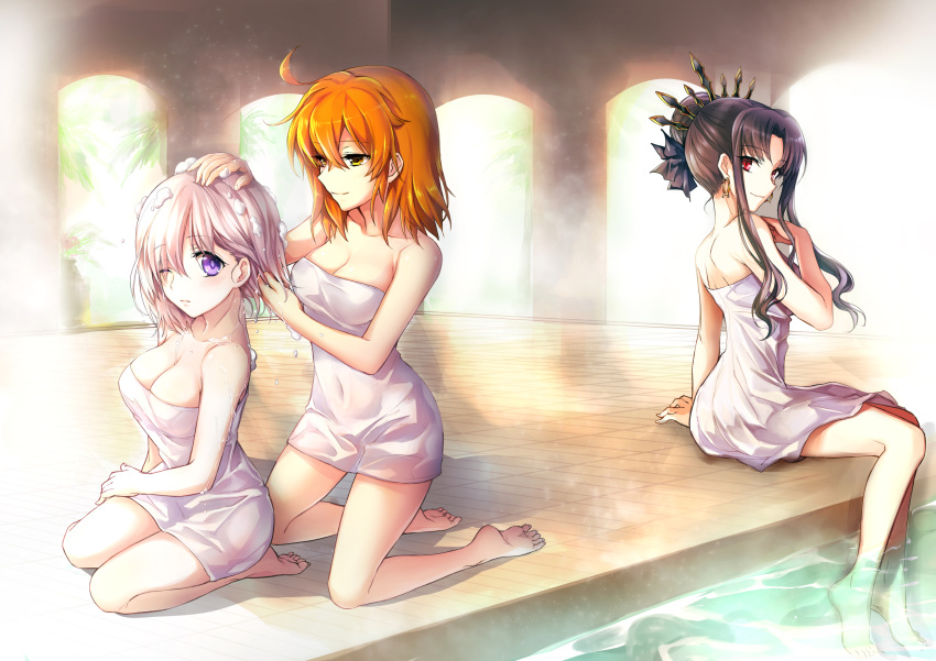 3girls ahoge barefoot bathhouse bathing black_hair breasts earrings fate/grand_order fate_(series) fujimaru_ritsuka_(female) hair_bun hair_over_one_eye highres ishtar_(fate) jewelry kneeling large_breasts light_purple_hair long_hair looking_at_viewer mash_kyrielight medium_breasts mintes multiple_girls one_eye_closed orange_eyes orange_hair parted_bangs purple_eyes red_eyes same-sex_bathing shared_bathing short_hair sidelocks single_hair_bun sitting smile steam tiara towel water