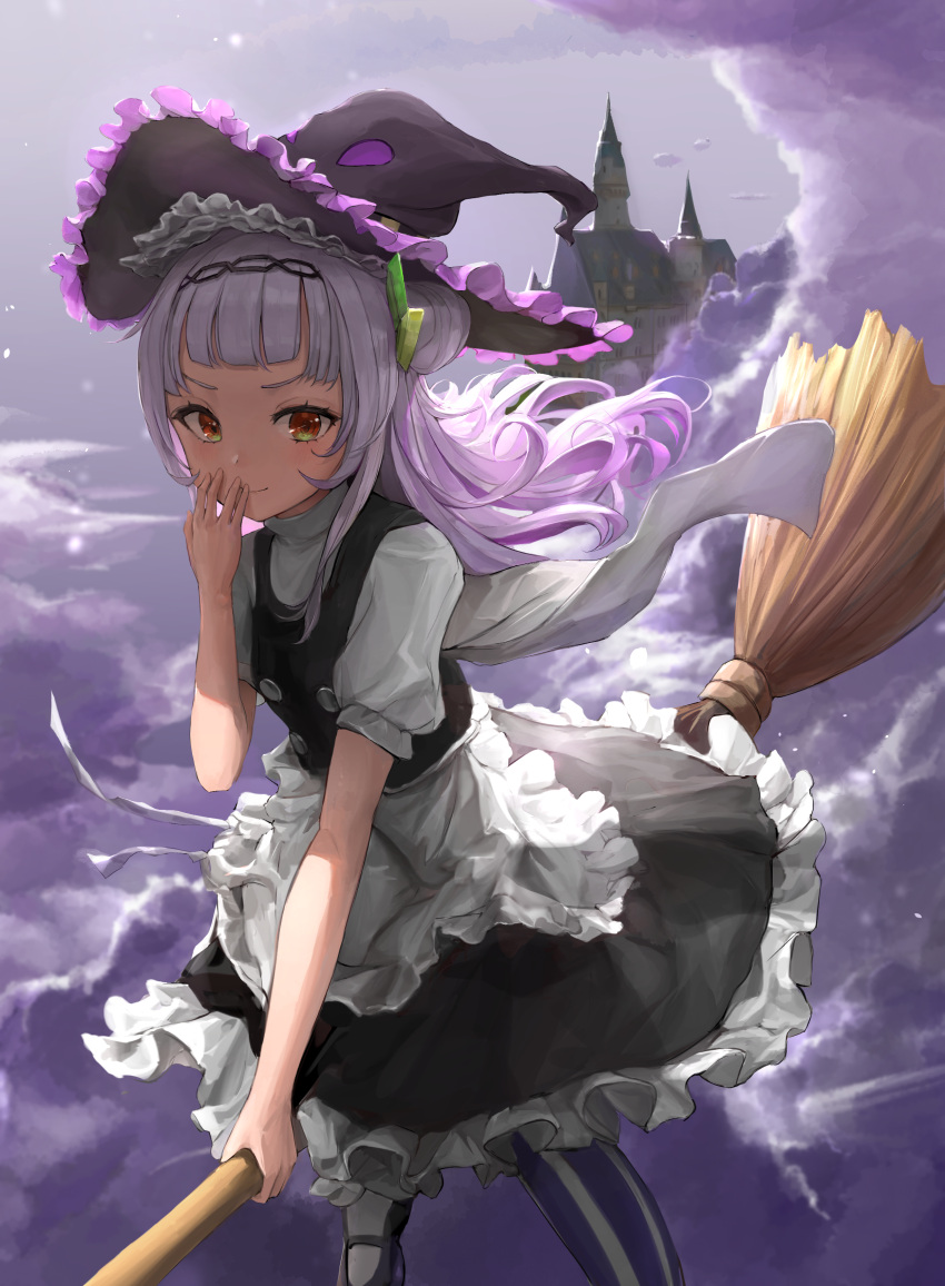 absurdres apron asymmetrical_hair black_footwear black_hairband black_headwear black_skirt black_vest blunt_bangs blush breasts broom broom_riding castle chan1moon closed_mouth cloud cloudy_sky commentary cosplay english_commentary eyelashes female foot_out_of_frame frilled_hat frilled_skirt frills hair_bun hairband hand_to_own_mouth hat highres hololive kirisame_marisa kirisame_marisa_(cosplay) light_purple_hair long_hair looking_at_viewer maid_apron multicolored_hair murasaki_shion orange_eyes shirt shoes short_sleeves single_hair_bun single_side_bun skirt sky small_breasts smile solo striped_clothes striped_thighhighs thighhighs touhou two-tone_hair vertical-striped_clothes vertical-striped_thighhighs vest virtual_youtuber white_shirt witch_hat