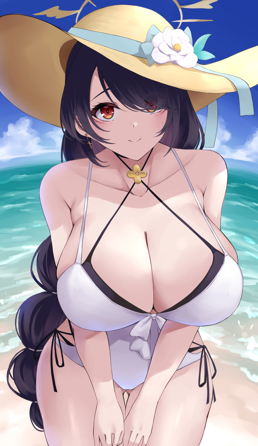 absurdres alternate_breast_size bare_arms bare_shoulders beach black_hair blue_archive blush breasts casual_one-piece_swimsuit cleavage closed_mouth collarbone cross cross_earrings day earrings eyes_visible_through_hair female halo hat hat_ornament highres hinata_(blue_archive) hinata_(swimsuit)_(blue_archive) jewelry large_breasts leaning_forward long_hair looking_at_viewer ocean official_alternate_costume one-piece_swimsuit outdoors red_eyes sideboob smile solo swimsuit thigh_gap thighs very_long_hair water wee_(weeyy) white_one-piece_swimsuit yellow_hat