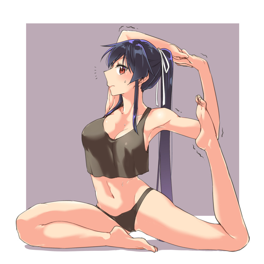 abo_(hechouchou) alternate_costume barefoot black_hair blush border breasts brown_eyes closed_mouth collarbone feet female flexible full_body groin hair_between_eyes highres kantai_collection large_breasts long_hair navel pigeon_pose ponytail soles solo toes white_border yahagi_(kancolle) yoga