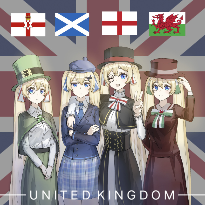 4girls black_dress black_headwear blazer blonde_hair blouse blue_eyes blue_headwear blue_jacket blue_necktie blue_skirt bow bowtie braid closed_mouth dress england flag green_headwear green_skirt hair_ornament hat highres jacket long_hair long_sleeves looking_at_viewer multiple_girls necktie northern_ireland original personification phonetik plaid plaid_skirt pleated_skirt red_dress red_headwear scotland shirt skirt smile standing twintails union_jack united_kingdom v very_long_hair wales white_bow white_bowtie white_shirt x_hair_ornament