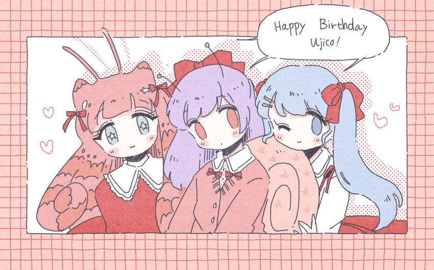 3girls antennae aqua_eyes blue_eyes blue_hair blunt_bangs blush border bow collared_shirt commentary_request hair_ornament hairbow hairclip happy_birthday heart highres long_hair long_sleeves looking_at_viewer multiple_girls noeru_(noellemonade) one_eye_closed original pink_shirt plaid_border polka_dot purple_hair red_bow red_eyes red_hair red_shirt shadow shirt snail_girl snail_shell speech_bubble star-shaped_pupils star_(symbol) swept_bangs symbol-shaped_pupils twintails upper_body white_background white_shirt