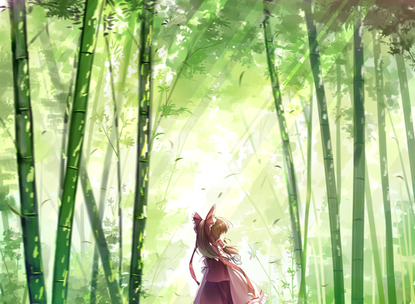 backlighting bamboo bamboo_forest blurry bow brown_eyes brown_hair commentary_request day depth_of_field detached_sleeves falling_leaves female floating_hair forest from_behind hair_tubes hairbow hakurei_reimu highres leaf light_rays long_hair looking_to_the_side nature outdoors profile red_bow red_shirt red_skirt scenery shirt sidelocks skirt solo sunlight touhou white_sleeves wind xia_xiang_(ozicha)