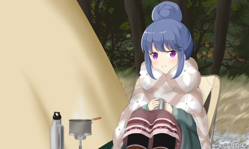 blue_hair drink miicha purple_eyes shima_rin tree waifu2x watermark yuru_camp