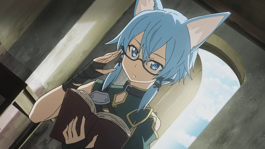 animal_ears black_ribbon blue_eyes blue_hair book cat_ears cat_girl female game_cg glasses hair_ribbon holding holding_book indoors long_hair official_art ribbon sinon sinon_(sao-alo) slit_pupils solo sword_art_online sword_art_online:_lost_song