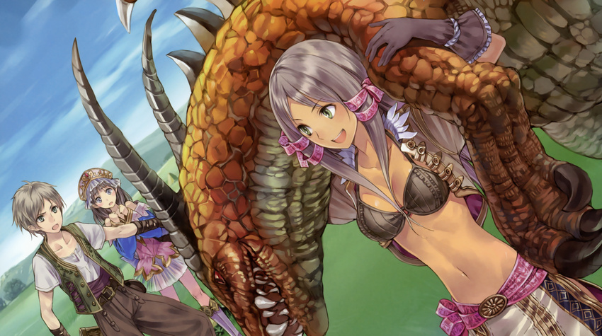 1boy 2girls absurdres atelier_(series) atelier_totori bikini bikini_top_only blue_eyes blue_sleeves bra breasts brown_bra brown_gloves cleavage cloud collarbone day gino_knab gloves green_eyes grey_hair hair_ribbon highres holding kishida_mel long_hair medium_breasts mervia_siebel monster multiple_girls navel official_art open_mouth outdoors purple_ribbon ribbon short_hair sky swimsuit totooria_helmold underwear