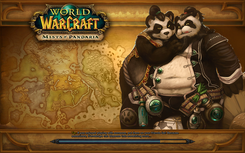 16:10 2013 anthro bear black_hair black_nose blizzard_entertainment bulge chen_stormstout clothed clothing digital_media_(artwork) duo english_text fur hair lando licking licking_lips looking_at_viewer lorewalker_cho male male/male mammal multicolored_body multicolored_fur open_clothing open_shirt open_topwear overweight pandaren self_lick shirt short_hair text tongue tongue_out topwear two_tone_body two_tone_fur warcraft widescreen