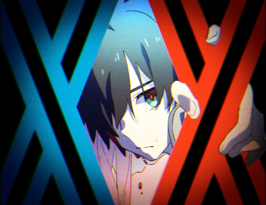 1boy bad_id bad_twitter_id black_hair blood blood_on_face blue_eyes commentary_request darling_in_the_franxx female film_grain hair_between_eyes hair_over_one_eye highres hiro_(darling_in_the_franxx) holding leje39 long_hair looking_back male_focus oerba_yun_fang parted_lips pink_hair zero_two_(darling_in_the_franxx)