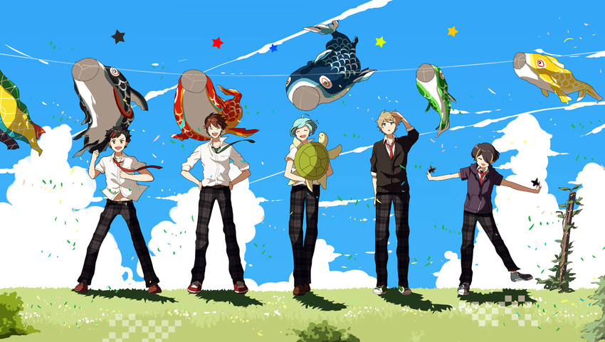 5boys :d ^_^ ahoge animal aqua_hair black_hair blonde_hair blue_eyes blue_sky brown_hair clenched_hand closed_eyes cloud collared_shirt commentary_request contrail day dress_shirt ensemble_stars! full_body grass green_necktie hair_ornament hairclip hand_on_own_hip hands_on_own_hips horizon houhou_(black_lack) kite kodomo_no_hi koinobori looking_afar looking_at_viewer looking_up male_focus morisawa_chiaki multicolored_hair multiple_boys nagumo_tetora necktie open_mouth outdoors outstretched_arms pants plaid plaid_pants plant red_necktie ryuuseitai_(ensemble_stars!) school_uniform sengoku_shinobu shinkai_kanata shirt shuriken sky smile spread_arms standing star_(symbol) streaked_hair takamine_midori turtle v-shaped_eyebrows visible_air weapon wind windsock wing_collar yumenosaki_school_uniform