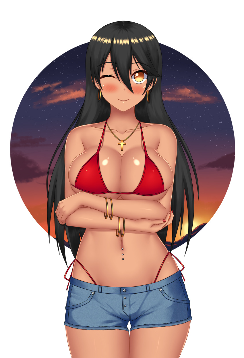 ;) arm_under_breasts bikini bikini_under_clothes black_hair blue_shorts blush bracelet breast_hold breasts chains chains collarbone cowboy_shot cross cross_necklace crossed_arms cutoffs dark_skin denim denim_shorts earrings eyebrows_visible_through_hair female gold_chain hair_between_eyes highleg highleg_bikini highres hoop_earrings jewelry keshigomu large_breasts long_hair looking_at_viewer mole_above_mouth nail_polish navel navel_piercing necklace night night_sky one_eye_closed original piercing red_bikini red_nails short_shorts shorts side-tie_bikini skindentation sky smile solo star_(sky) string_bikini sunset swimsuit thigh_gap yellow_eyes