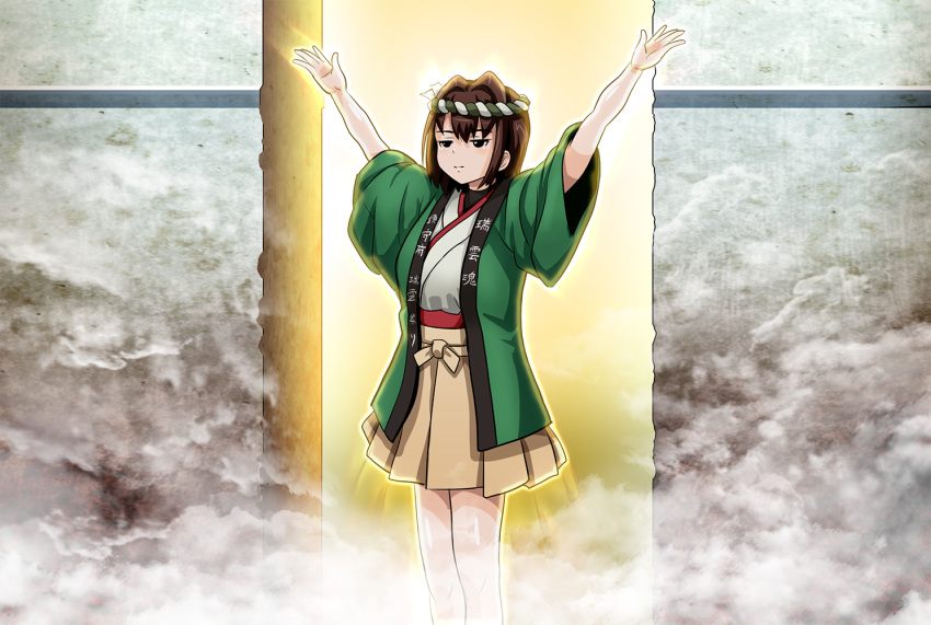 arms_up brown_eyes brown_hair check_commentary commentary commentary_request hakama_skirt happi headband hyuuga_(kantai_collection) japanese_clothes kabe_ni_hamatte_ugokenai! kantai_collection nontraditional_miko short_hair solo standing tk8d32 wall