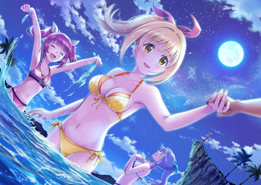 3girls absurdres bad_id bad_pixiv_id bikini blonde_hair blue_hair closed_eyes commentary_request highres long_hair marin_(umi_monogatari) multiple_girls ocean outdoors photoshop_(medium) ponytail purple_hair short_hair smile swimsuit taccomm twintails umi_monogatari urin_(umi_monogatari) warin water yellow_eyes