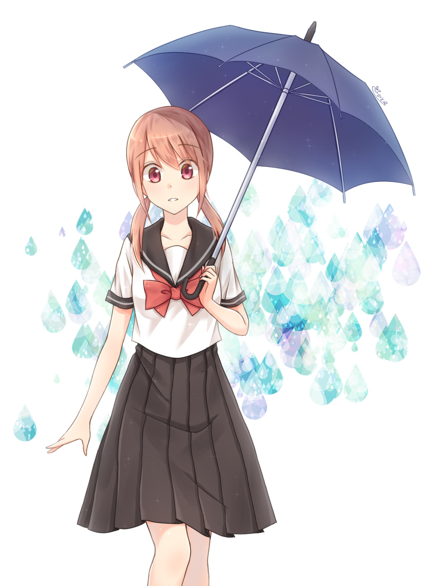 brown_hair collarbone commentary_request female highres hitomi118 looking_at_viewer pink_eyes pleated_skirt school_uniform serafuku skirt takano_chizuru tsurezure_children twintails umbrella uniform