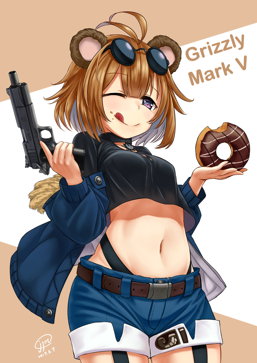 ;q absurdres aged_down animal_ears bear_girl brown_hair chinese_commentary commentary_request doughnut eyewear_on_head female food food_on_face girls'_frontline grizzly_mkv_(girls'_frontline) grizzly_mkv_(teddy_transform!)_(girls'_frontline) grizzly_win_mag gun handgun highres jacket jpc midriff navel official_alternate_costume one_eye_closed short_hair shorts solo sunglasses tongue tongue_out trigger_discipline weapon