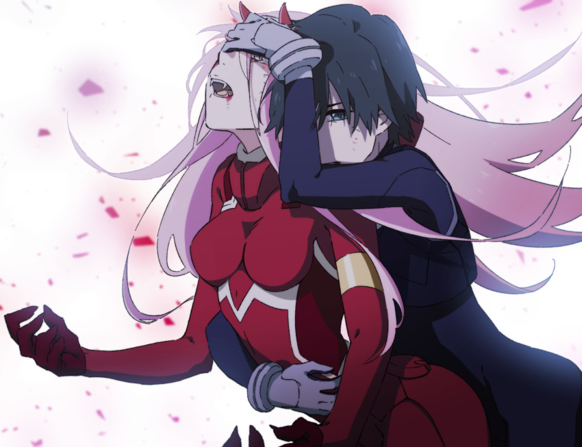 1boy bad_id bad_twitter_id black_hair blue_eyes commentary_request couple darling_in_the_franxx fangs female gloves hand_on_another's_head highres hiro_(darling_in_the_franxx) horns hug hug_from_behind leje39 long_hair pilot_suit pink_hair straight white_gloves zero_two_(darling_in_the_franxx)