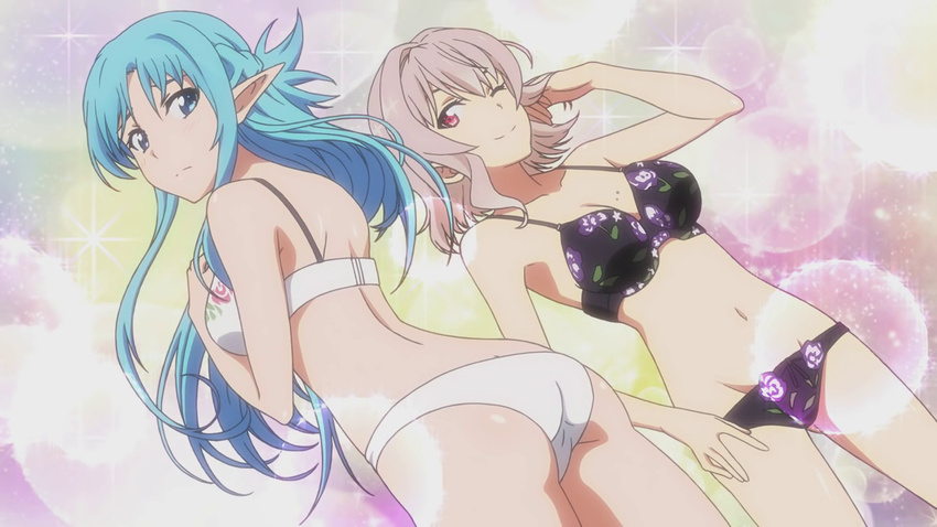 2girls anime_screenshot ass asuna_(sao) asuna_(sao-alo) black_bra black_panties blue_eyes blue_hair bra breasts cleavage elf groin long_hair medium_breasts multiple_girls navel official_art panties pink_hair pointy_ears red_eyes strea_(sao) strea_(sao-alo) sword_art_online sword_art_online:_lost_song underwear underwear_only white_bra white_panties