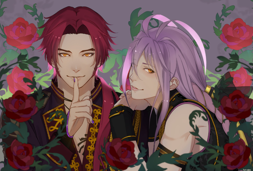 2boys antenna_hair commentary_request finger_to_mouth flower grey_background idol idol_clothes light_purple_hair lips long_sideburns looking_at_viewer male_focus multiple_boys musical_touken_ranbu nail_polish orange_eyes pink_hair purple_nails red_flower red_rose rose samurai10932 sengo_muramasa_(touken_ranbu) shushing sideburns sleeveless smile tonbokiri_(touken_ranbu) touken_ranbu upper_body