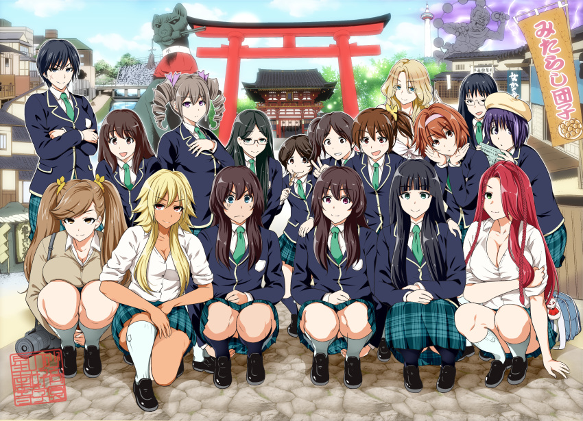 1boy 6+girls :d absurdres beret blonde_hair breasts brown_hair cleavage commentary_request crossdressing dark_skin drill_hair eating glasses green_eyes hair_over_one_eye hairband hat highres kneehighs kneeling large_breasts loafers long_hair looking_at_viewer mole mole_under_eye multiple_girls necktie okumori_boy open_mouth red_hair school_uniform shoes short_hair skirt smile socks squatting torii twin_drills twintails v white_legwear