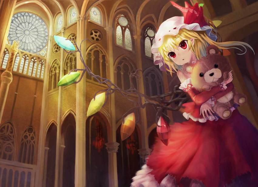 adapted_costume arcade_(architecture) bad_id bad_pixiv_id bare_shoulders blonde_hair detached_sleeves dress female flandre_scarlet hat hat_ribbon highres hugging_doll hugging_object mob_cap open_mouth photoshop_(medium) pointy_ears red_dress red_eyes ribbon side_ponytail solo stained_glass stuffed_animal stuffed_toy sxbzero teddy_bear touhou wings