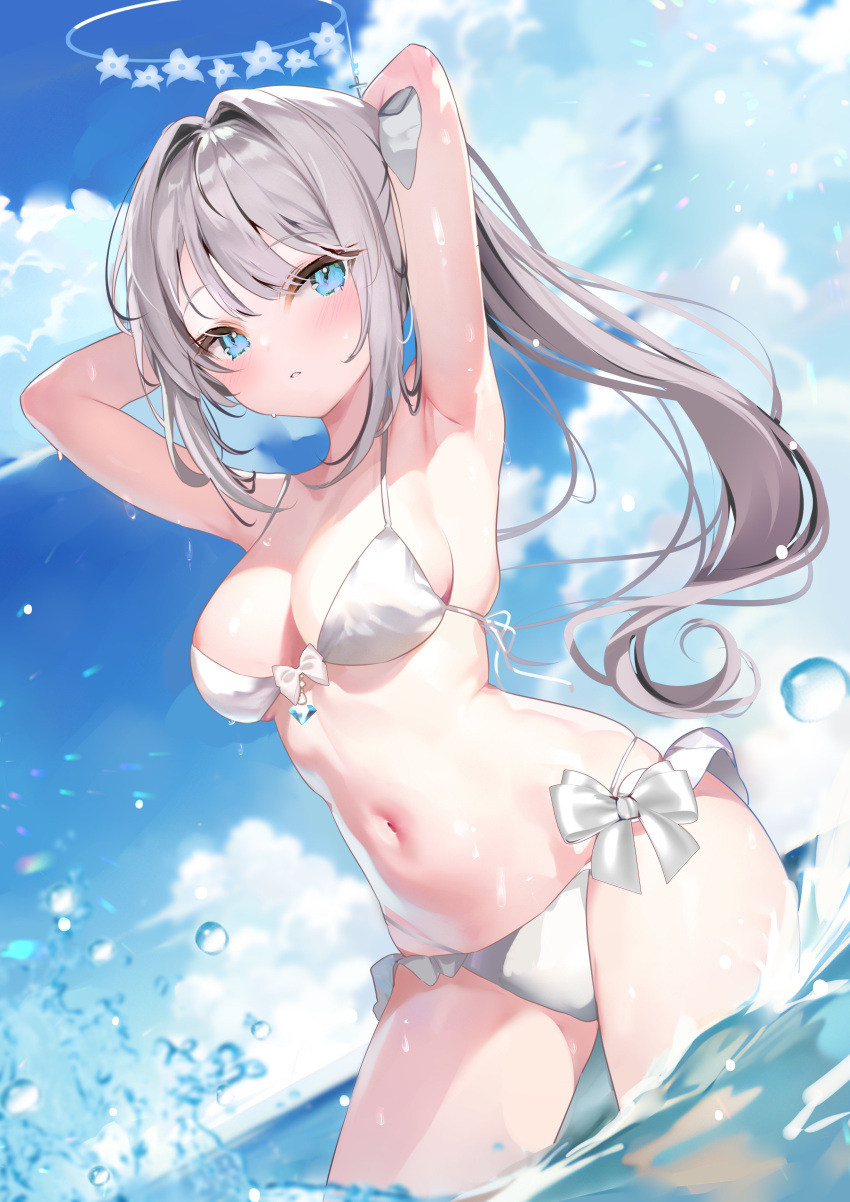 absurdres armpits arms_behind_head arms_up bikini blue_eyes blue_sky breasts cleavage closed_mouth cloud day female grey_hair hair_intakes halo highres hiuzawa_reira indie_virtual_youtuber long_hair looking_at_viewer medium_breasts navel outdoors pon_(ponidrop) second-party_source sideboob sky solo standing swimsuit thighs virtual_youtuber wading water_drop wet white_bikini