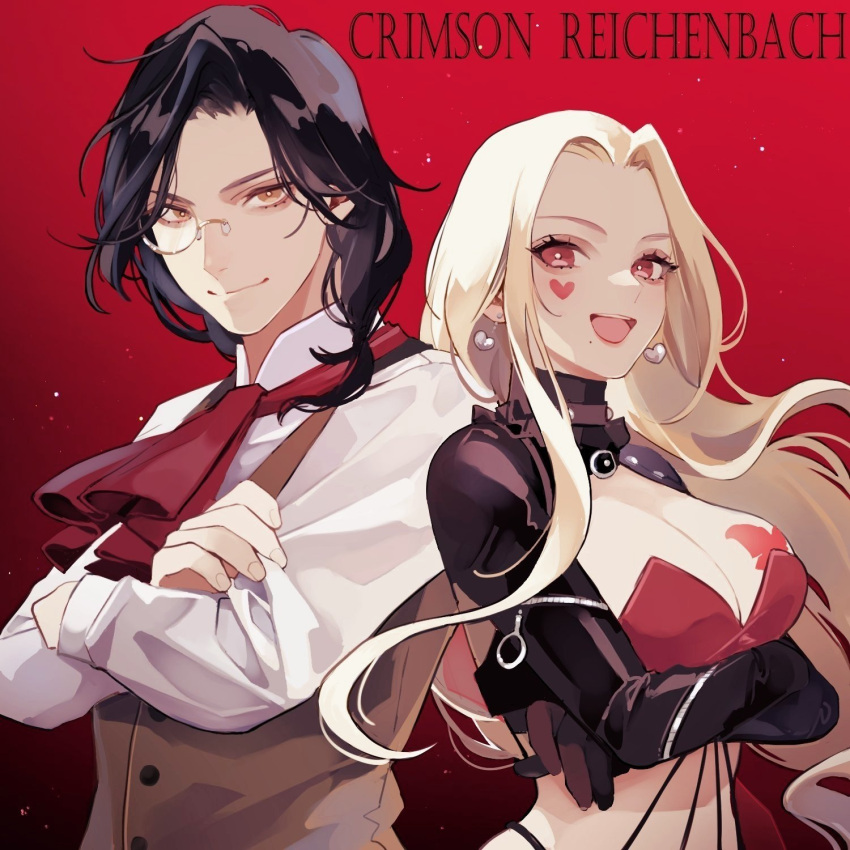 1boy ascot black_hair blonde_hair breast_tattoo breasts brown_vest butterfly_tattoo cleavage_cutout clothing_cutout crimson_reichenbach crossed_arms earrings facial_tattoo female group_name heart heart_earrings heart_tattoo highres jewelry kurosaki_zero large_breasts long_hair luis_cammy luis_cammy_(1st_costume) medium_hair mole mole_under_mouth monocle nijisanji red_ascot red_background red_eyes shellin_burgundy shellin_burgundy_(1st_costume) shirt smile tattoo upper_body vest virtual_youtuber white_shirt yellow-framed_eyewear yellow_eyes