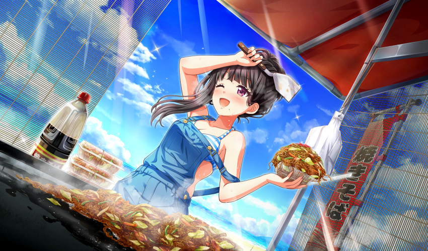 ;d bag beach beach_house bikini black_hair blue_overalls cinderella_series cloud cooking dutch_angle female food game_cg griddle hachigatsu_no_cinderella_nine hair_up highres holding holding_food holding_spatula light_rays long_hair looking_ahead nagai_kanako non-web_source ocean official_alternate_hairstyle official_art one_eye_closed open_mouth overalls plastic_bag plastic_bottle purple_eyes single_sidelock smile solo sparkle spatula standing strap_slip striped_bikini striped_clothes sunbeam sunlight sweat swimsuit yakisoba