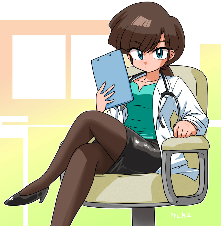 black_footwear black_skirt blue_eyes brown_hair brown_pantyhose clipboard closed_mouth collarbone crossed_legs female green_shirt high_heels highres holding holding_clipboard kuonji_ukyou leather_skirt looking_at_viewer pantyhose ponytail ranma_1/2 shirt sitting skirt solo stethoscope wanta_(futoshi)