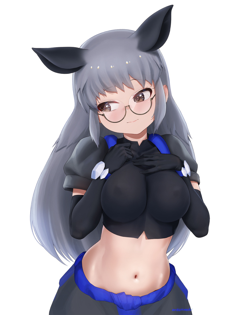 animal_ears beleven black-framed_eyewear black_gloves black_rhinoceros_(kemono_friends) black_shirt blue_trim breasts brown_eyes commentary_request covered_nipples cowboy_shot crop_top elbow_gloves female glasses gloves grey_hair grey_pants grey_sleeves highres kemono_friends kemono_friends_3 large_breasts long_hair midriff navel official_alternate_costume pants puffy_short_sleeves puffy_sleeves rhinoceros_ears rhinoceros_girl semi-rimless_eyewear shirt short_sleeves sidelocks smile solo