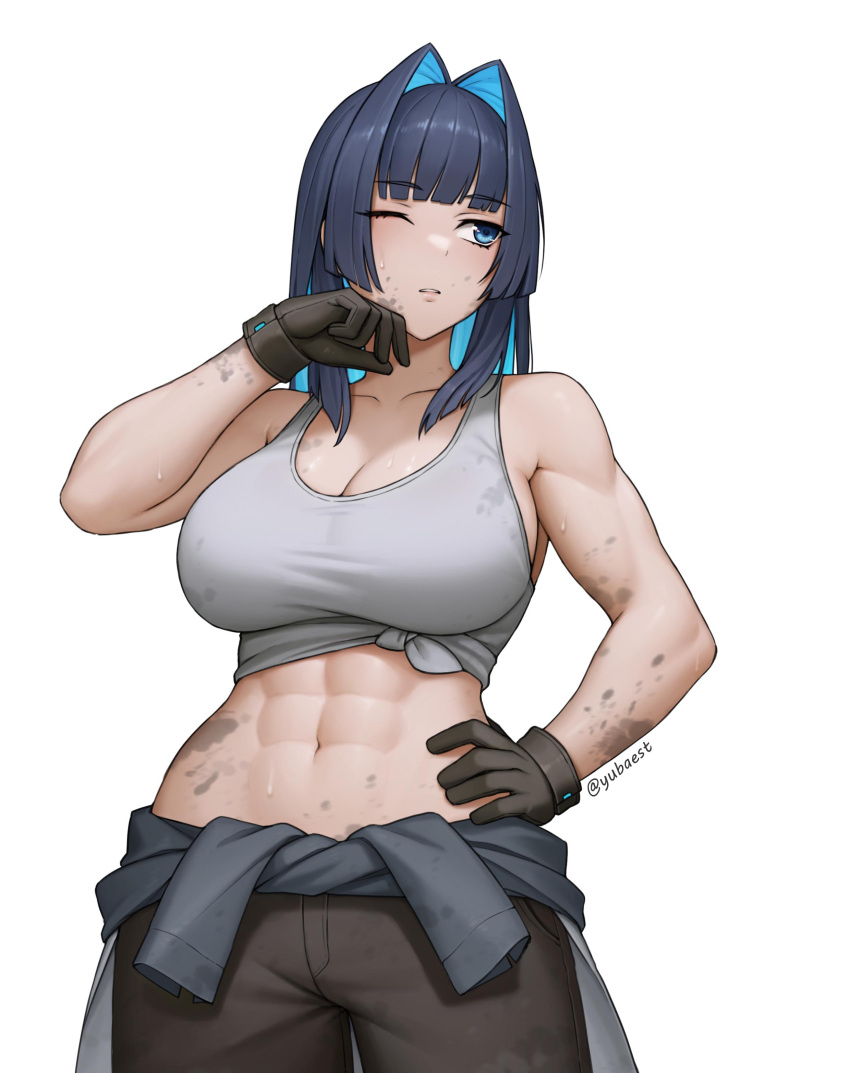 abs absurdres alternate_costume black_gloves black_pants blue_eyes blue_hair breasts cleavage clothes_around_waist colored_inner_hair contrapposto cowboy_shot dark_blue_hair dirty female gloves grey_shirt hair_intakes hand_on_own_hip highres hololive hololive_english large_breasts looking_to_the_side mechanic medium_hair midriff multicolored_hair muscular muscular_female navel one_eye_closed ouro_kronii pants parted_lips shirt shirt_around_waist simple_background solo sweat tank_top tied_shirt twitter_username virtual_youtuber white_background white_tank_top wiping_sweat yubaest