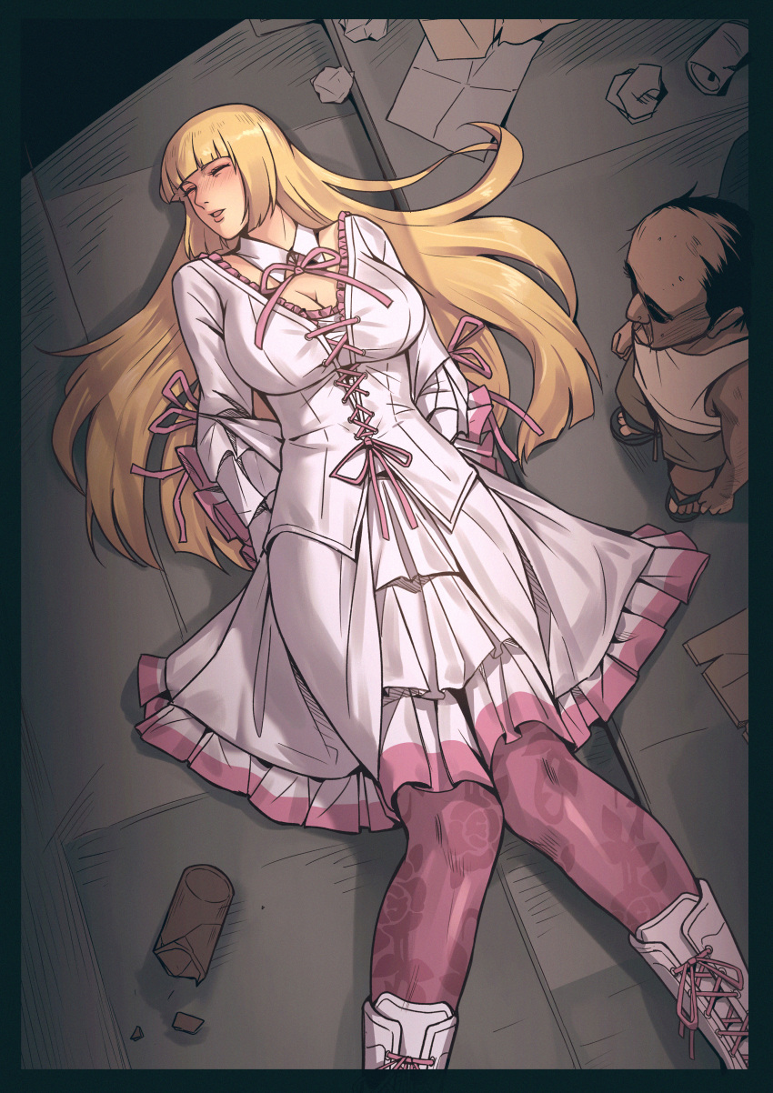 1boy absurdres blonde_hair blunt_bangs dress female floral_print frilled_dress frills highres lili_(tekken) long_hair old old_man rose_print sleeping tekken tekken_7 tff ugly_man white_dress