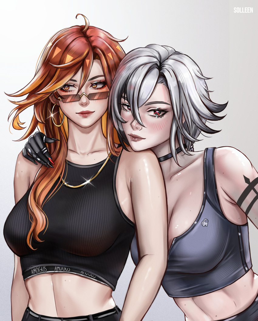 2girls absurdres among_us arlecchino_(genshin_impact) black_choker black_tank_top choker crewmate_(among_us) crop_top english_commentary genshin_impact grey_hair grey_tank_top highres long_hair looking_at_viewer mavuika_(genshin_impact) midriff multiple_girls orange_hair red_lips simple_background smile solleen tank_top upper_body very_long_hair white_background