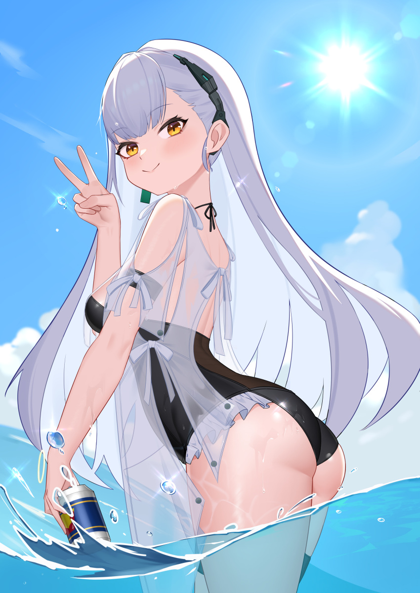 1437823832 absurdres ak-alfa_(girls'_frontline) ass black_one-piece_swimsuit breasts can cowboy_shot female frills girls'_frontline girls'_frontline_2:_exilium hair_ornament highres holding holding_can long_hair looking_at_viewer official_alternate_costume one-piece_swimsuit orange_eyes school_swimsuit see-through smile solo standing swimsuit v water white_hair