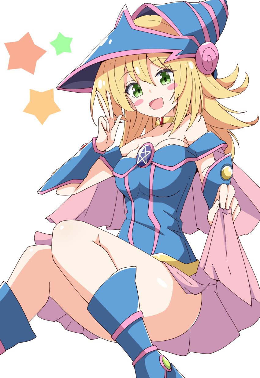 :d absurdres aikawa_ryou armored_boots bare_shoulders blonde_hair blue_dress blue_footwear blue_hat blush_stickers boots breasts commentary_request dark_magician_girl dress feet_out_of_frame female green_eyes hair_between_eyes hand_up hat highres knees_together_feet_apart long_hair medium_breasts pentagram simple_background smile solo starry_background v white_background yu-gi-oh!