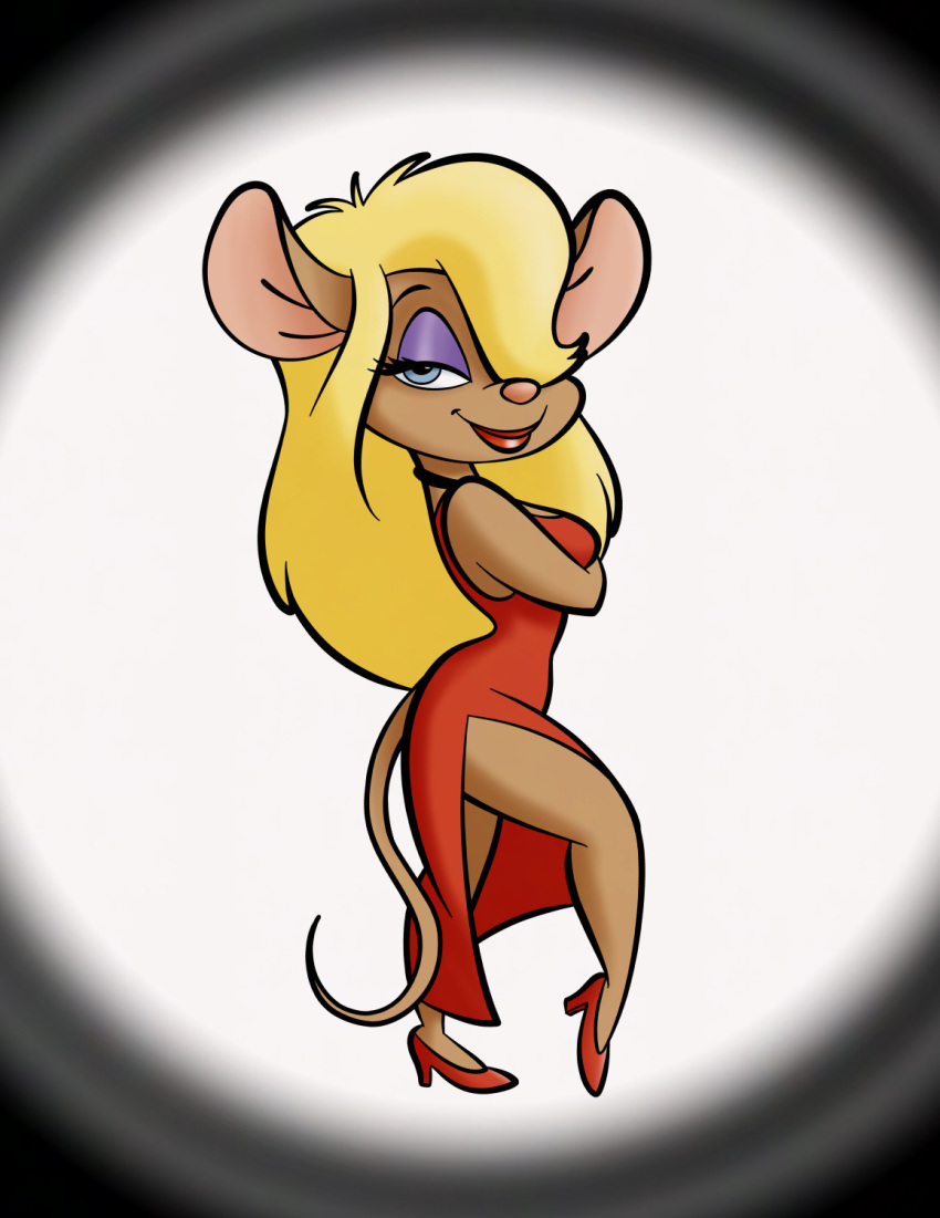 anthro arm_under_breasts ass bedroom_eyes big_breasts big_butt blonde_hair blue_eyes breasts chip_'n_dale_rescue_rangers clothing disney dress female footwear gadget_hackwrench hair hair_over_eye hi_res high_heels lips lipstick long_hair looking_at_viewer makeup mammal murid murin murine narrowed_eyes red_clothing red_dress red_footwear red_lips red_lipstick red_shoes rodent seductive shoes smile smiling_at_viewer solo stanmort thick_thighs wide_hips